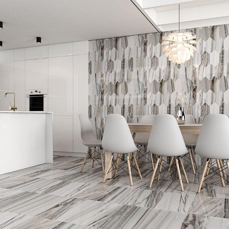 A modern kitchen with a white dining table and chairs.