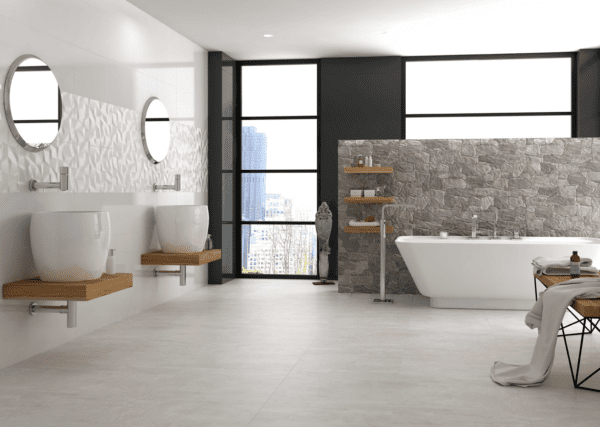 A modern bathroom with white walls and Petra wooden floors.