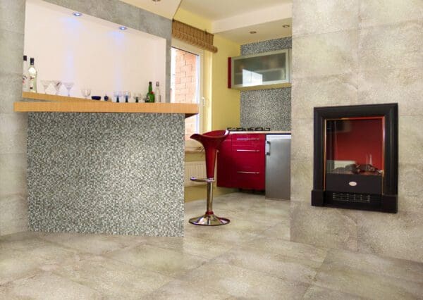 A kitchen with a Micro and a fireplace.