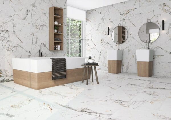 a stylish bathroom with two mirrors, sinks, and a bath tub