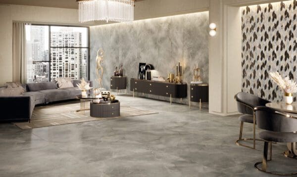 a living room with grey marble flooring