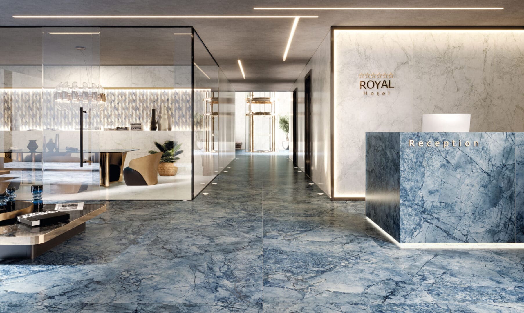 a lobby area with marble flooring