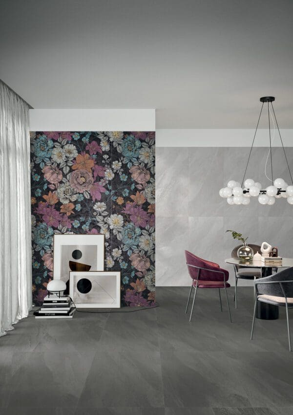 beautiful interior with a floral wall and chairs