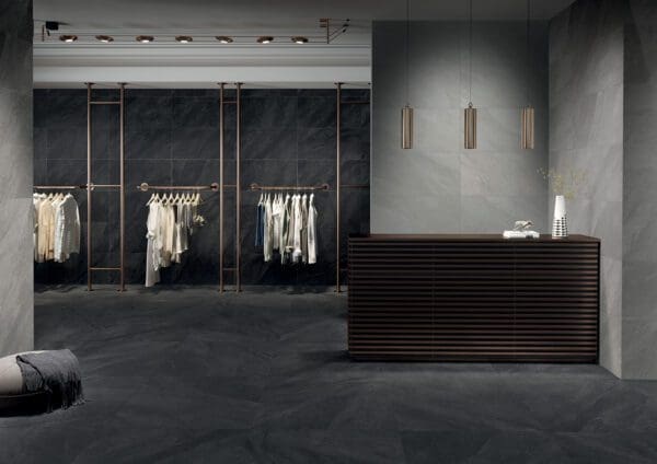 a boutique store with black marble interior