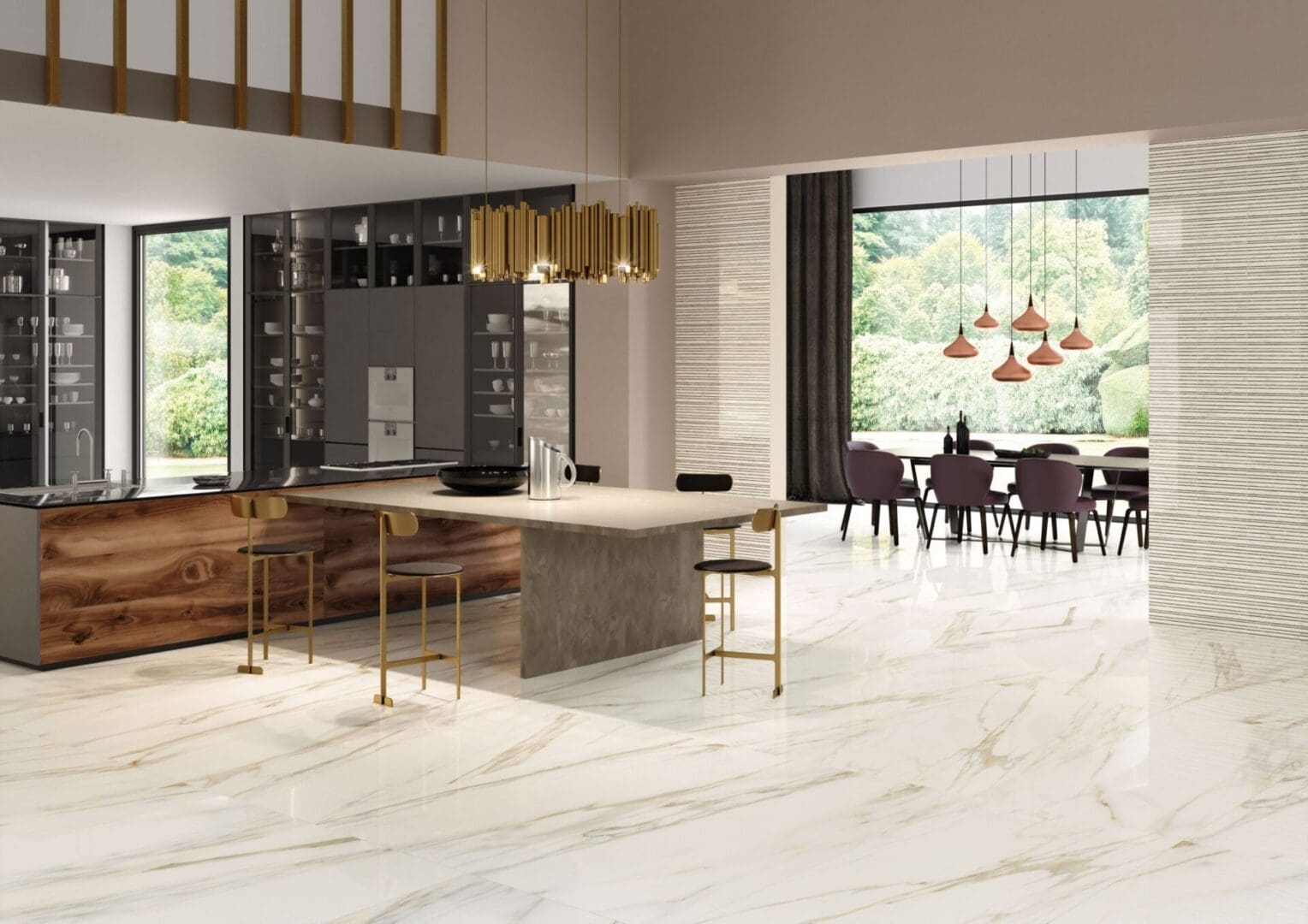 marble flooring in the kitchen and living area