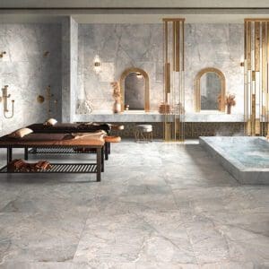 A view of a room with marble tiles